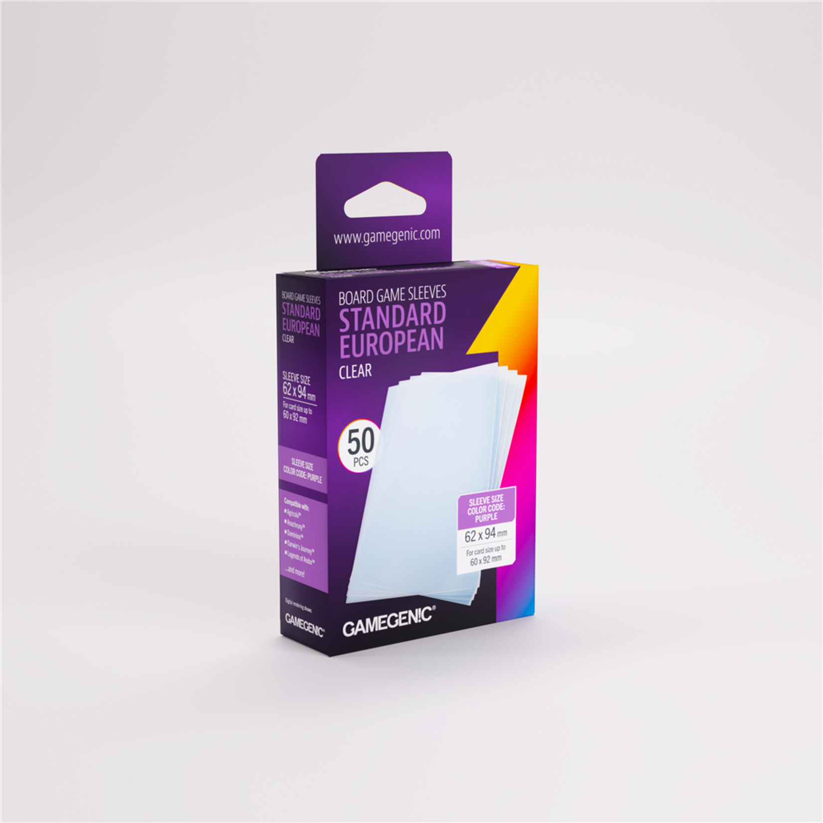 Gamegenic Standard European Clear Board Game Sleeves (50) - Purple (62x94mm)