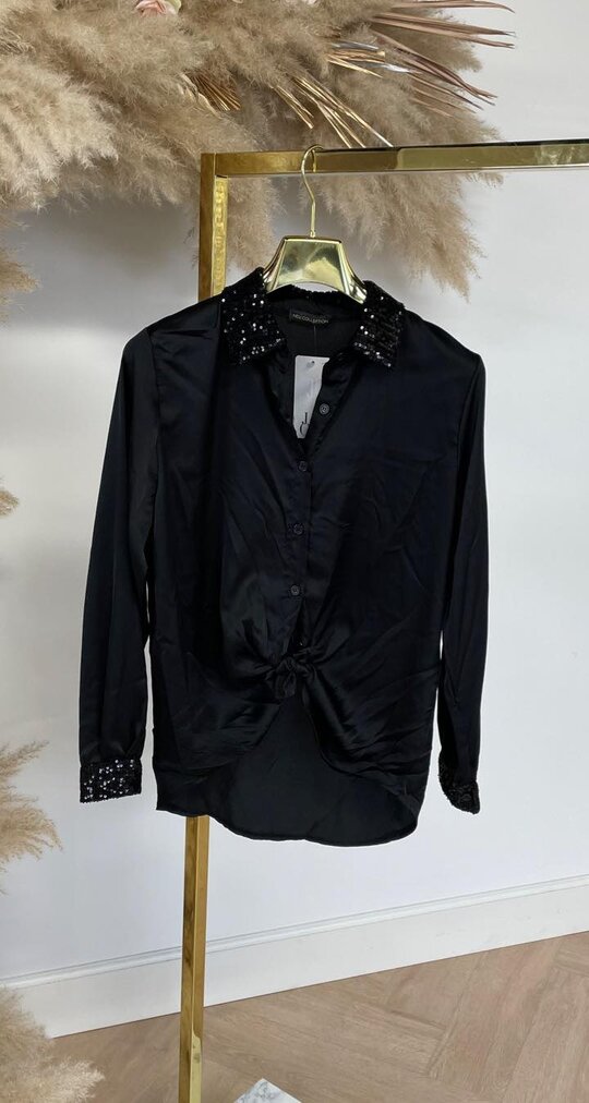 SATIN SEQUIN KNOOP BLOUSE BLACK