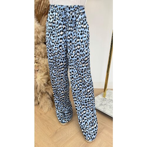 STRAIGHT LEG SATIN LEOPARD PANTS BLUE