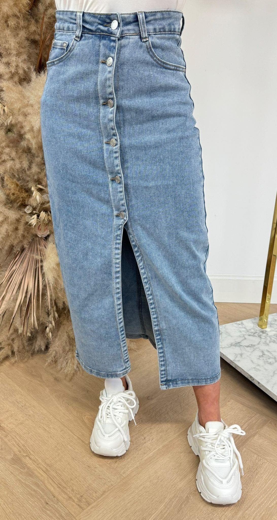 BUTTON  SPLIT DENIM SKIRT 5070 DENIMBLUE