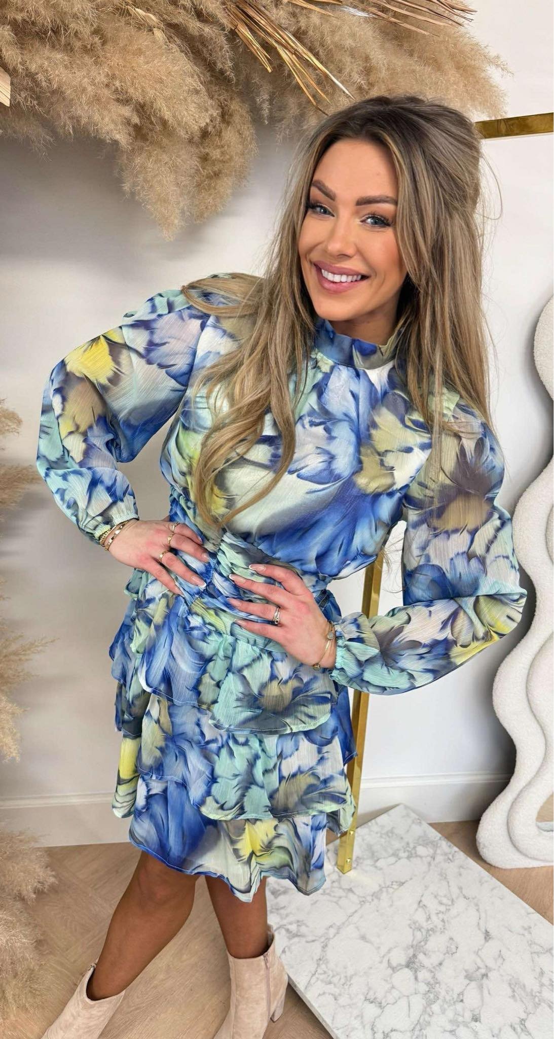 BIG FLOWER BOORD DRESS 4791 BLUE/GREEN