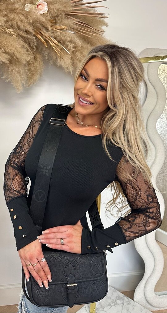 BASIC STRETCH LACE SLEEVE TOP 11819 BLACK