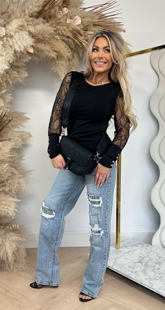 BASIC STRETCH LACE SLEEVE TOP 11819 BLACK