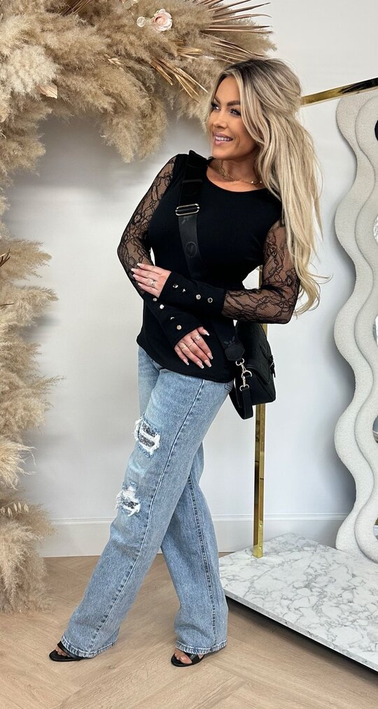 BASIC STRETCH LACE SLEEVE TOP 11819 BLACK
