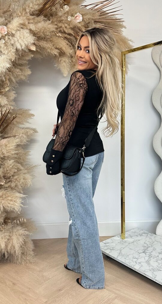 BASIC STRETCH LACE SLEEVE TOP 11819 BLACK