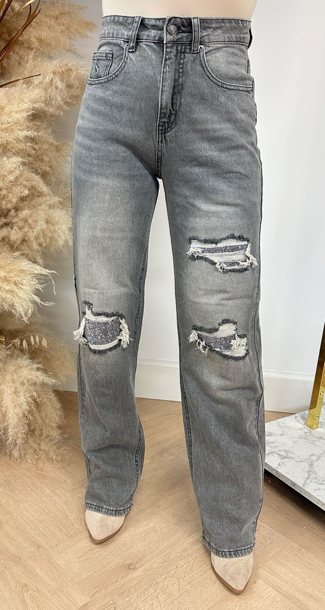 SUPER STYLISH DAMAGED JEANS T67-1 GREY