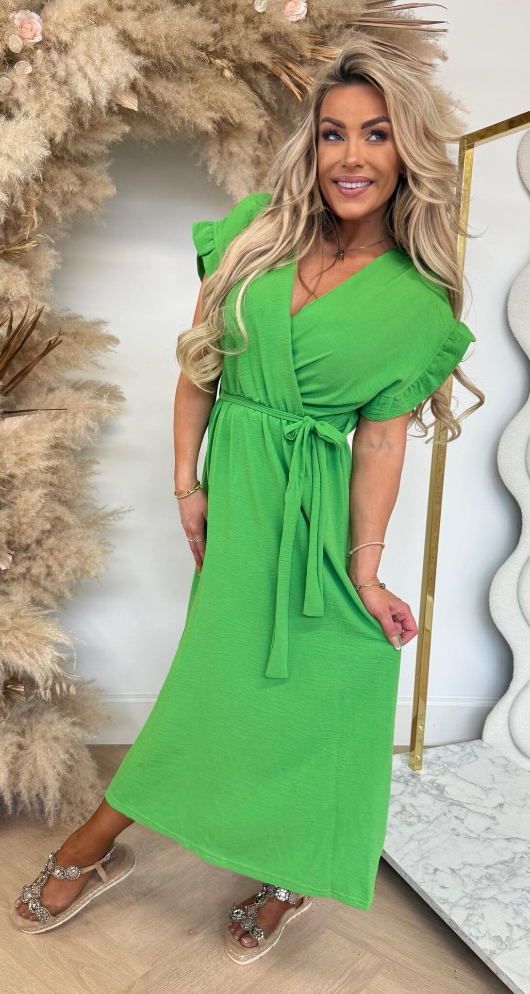 NOELIA RUFFLE DRESS LONG APPLEGREEN