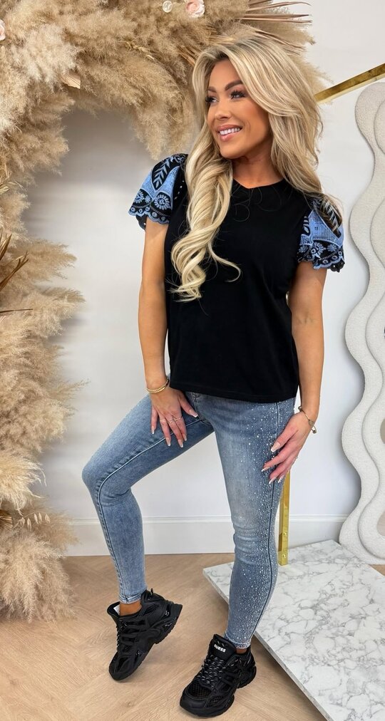 DENIM SLEEVE T-SHIRT 85104 BLACK