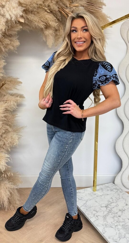 DENIM SLEEVE T-SHIRT 85104 BLACK