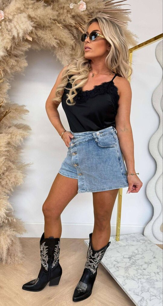 SATIN SPAGHETTI LACE TOP BLACK