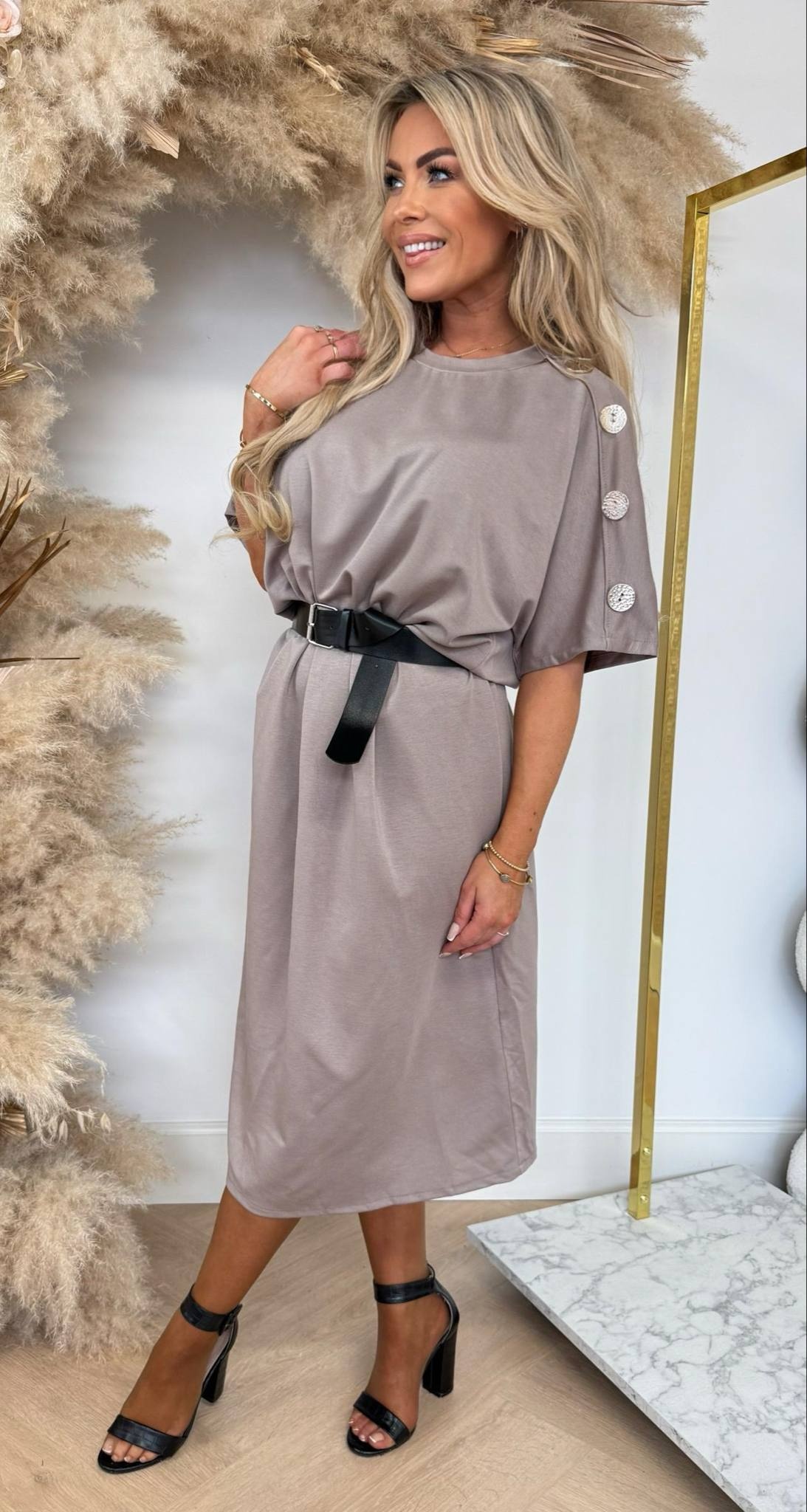 MIUCO BUTTON BELT DRESS TAUPE