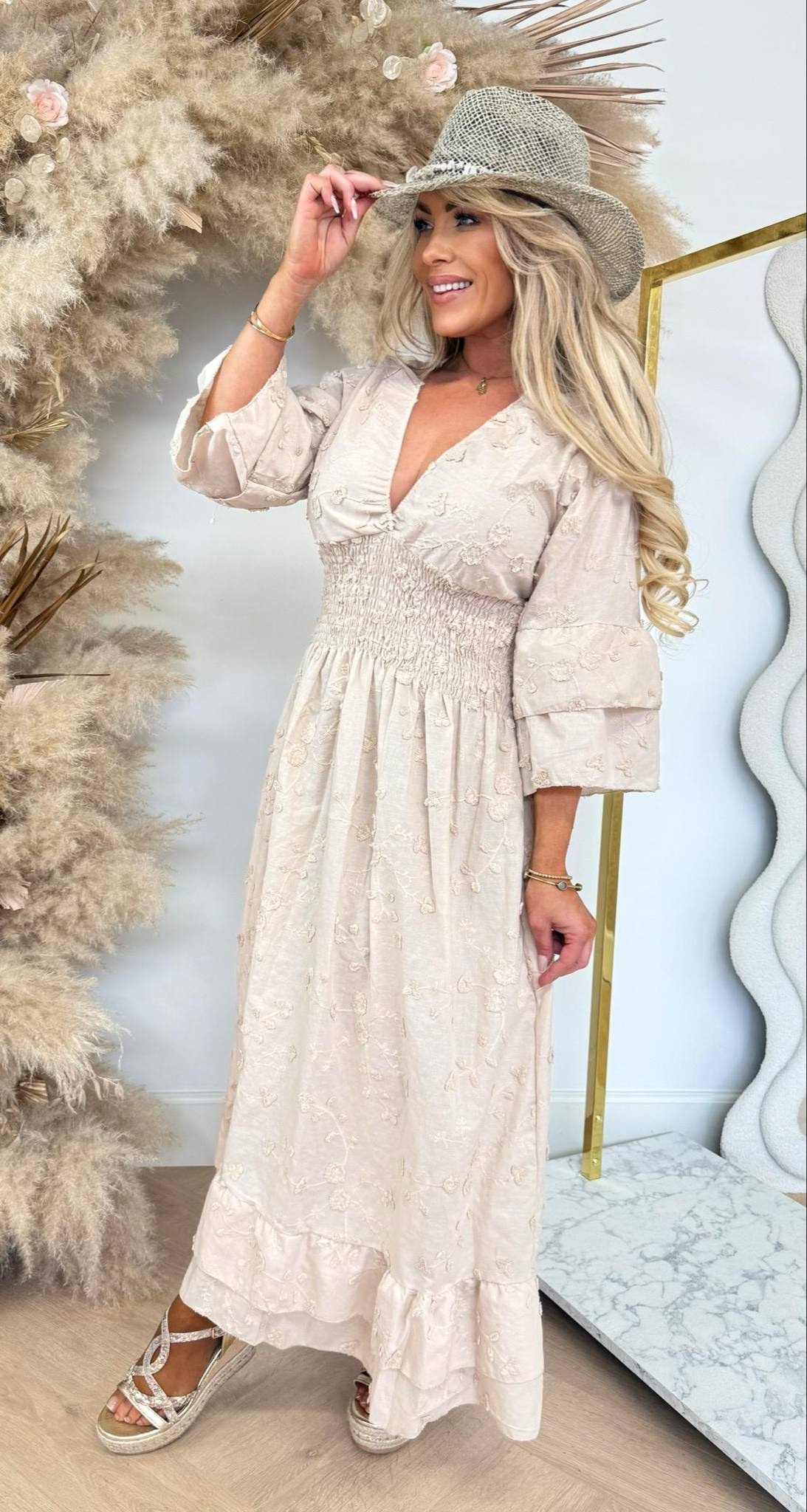 BRODERIE BOORDY DRESS BEIGE
