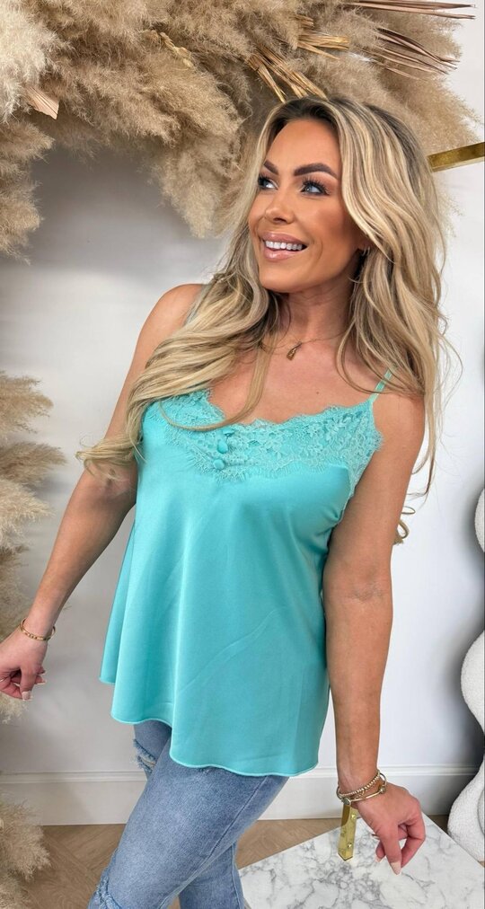 SATIN SPAGHETTI LACE TOP AQUA