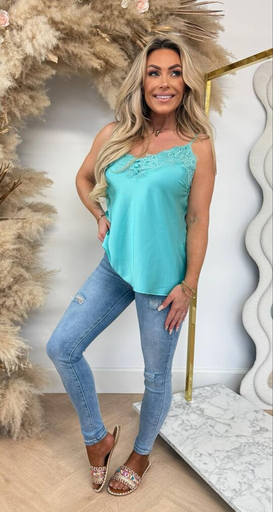 SATIN SPAGHETTI LACE TOP AQUA