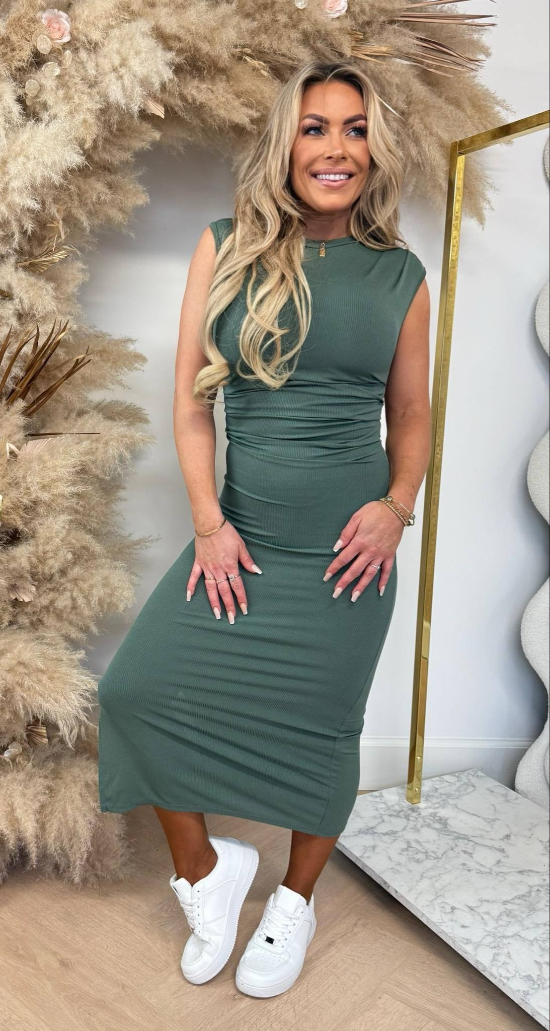 SMALL RIB STRETCHY DRESS ARMYGREEN