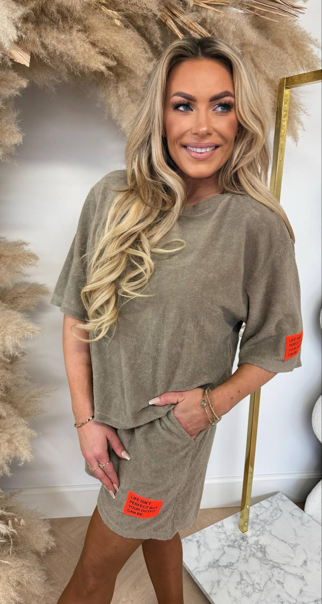 BESTSELLER BADSTOF SET TAUPE/ORANGE