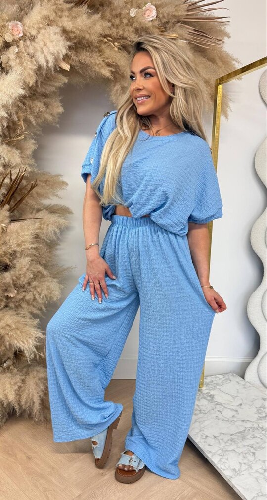 PERFECT BUTTON STRAIGHT LEG PANTS SET ICEBLUE