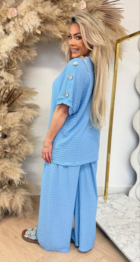 PERFECT BUTTON STRAIGHT LEG PANTS SET ICEBLUE