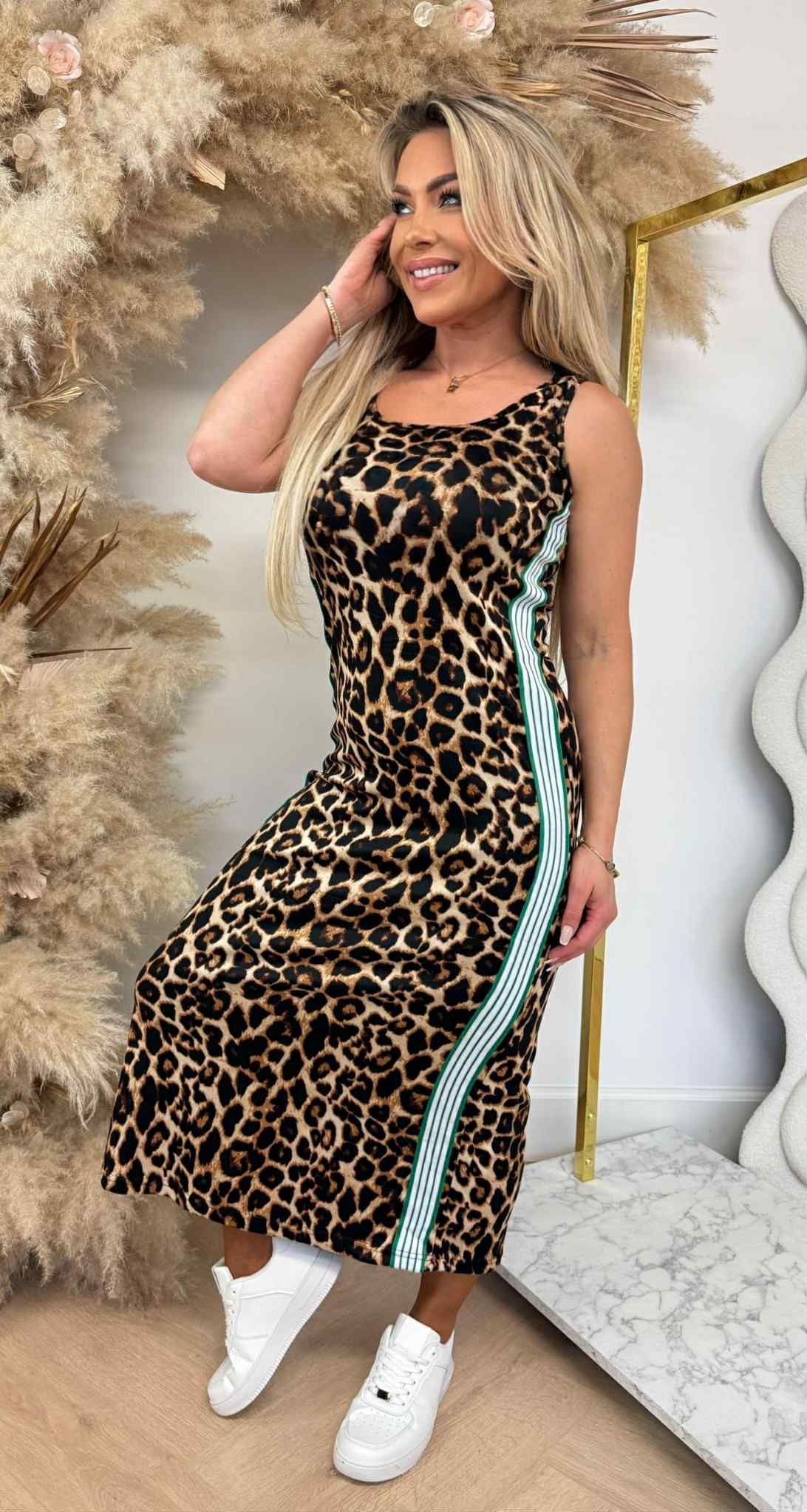 ACTIE STRIPE LEOPARD DRESS ROBE-1 GREEN
