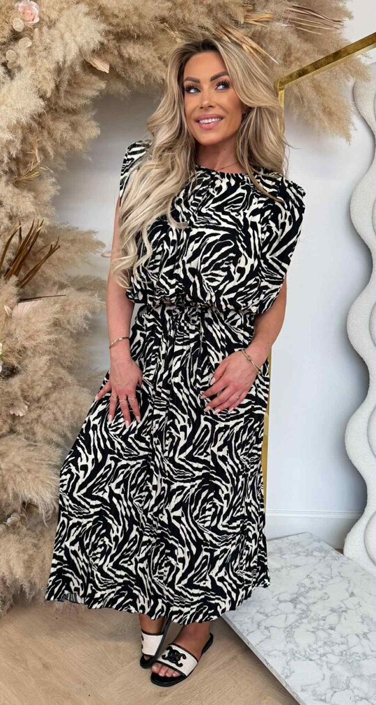 PLISSE ZEBRA DRESS BLACK/OFFWHITE