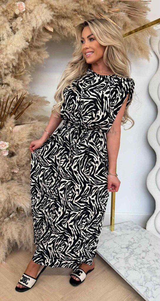 PLISSE ZEBRA DRESS BLACK/OFFWHITE