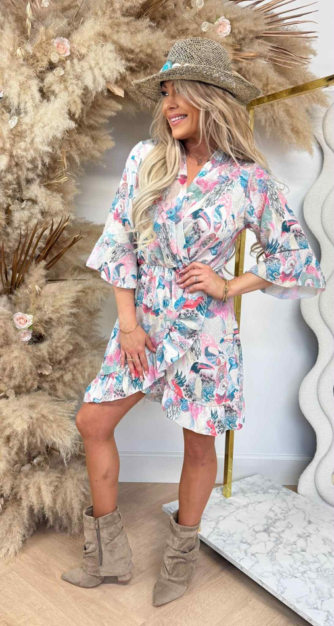 RUFFLY TROPICAL DRESS PINK