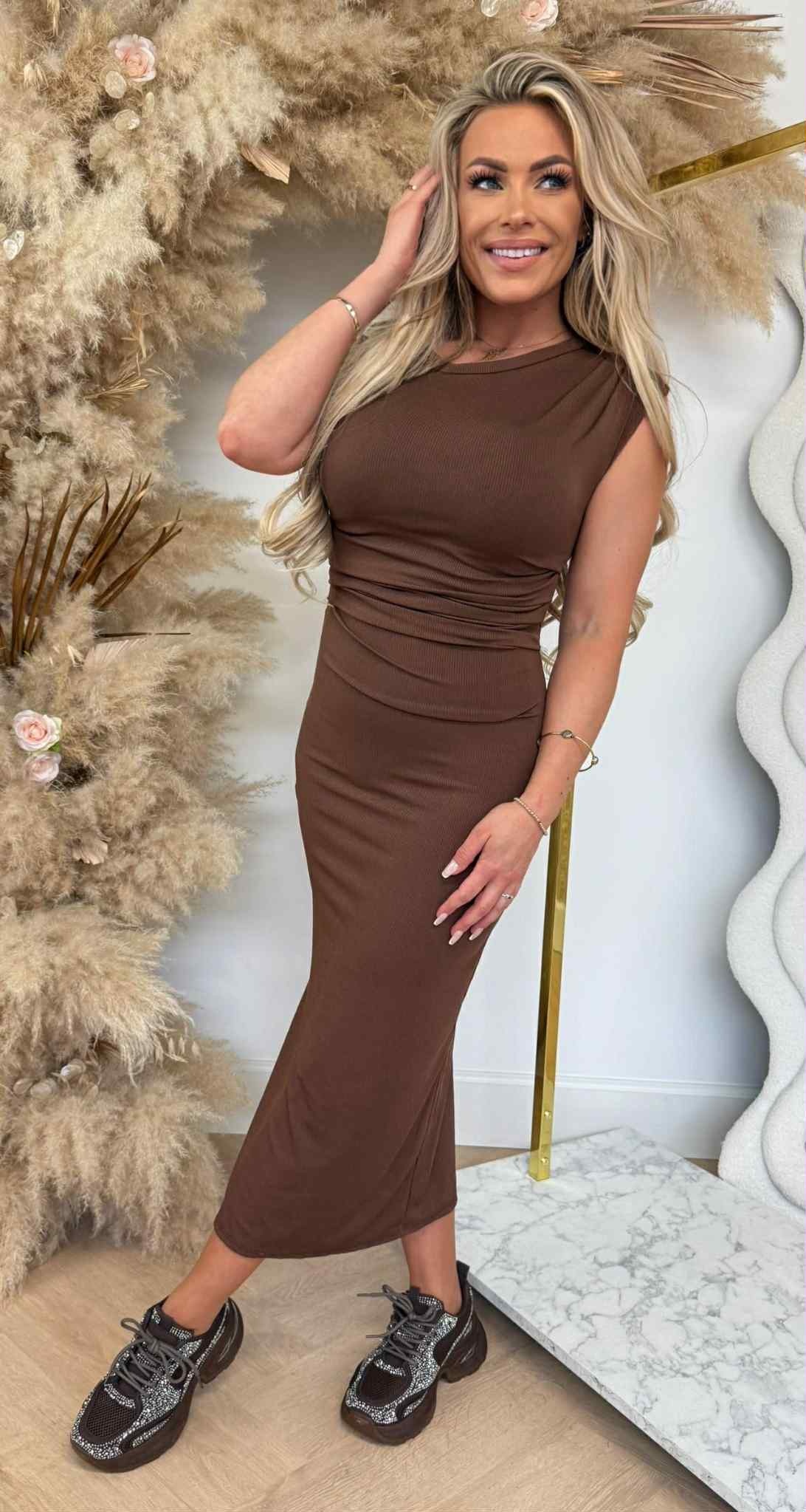 SMALL RIB STRETCHY DRESS CHOCO