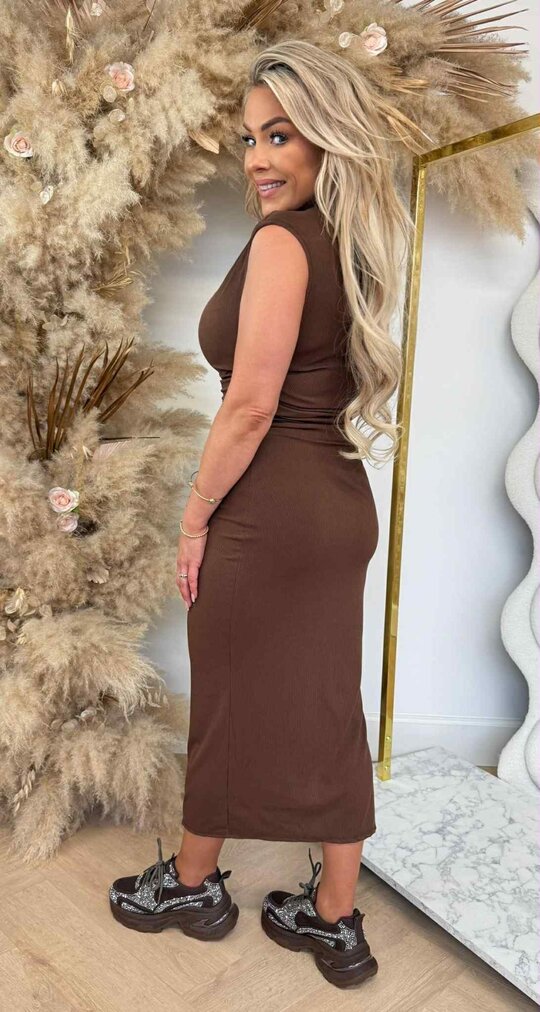 SMALL RIB STRETCHY DRESS CHOCO