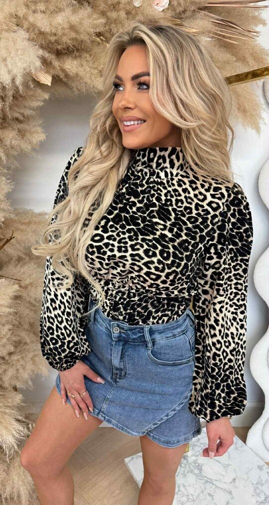 LEOPARD LONGSLEEVE CROPPED TOP 4627B BEIGE/BLACK