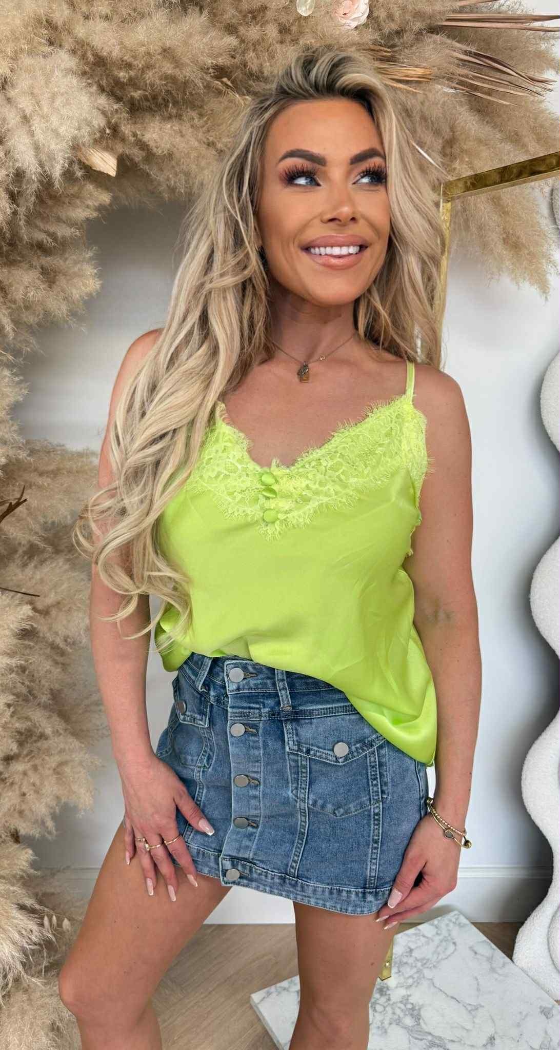 SATIN SPAGHETTI LACE TOP LIME
