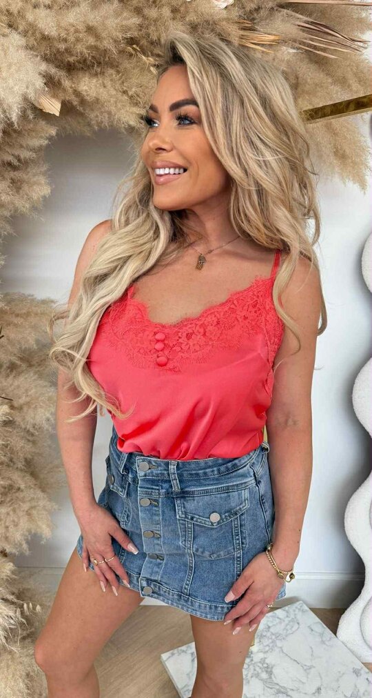 SATIN SPAGHETTI LACE TOP CORAL