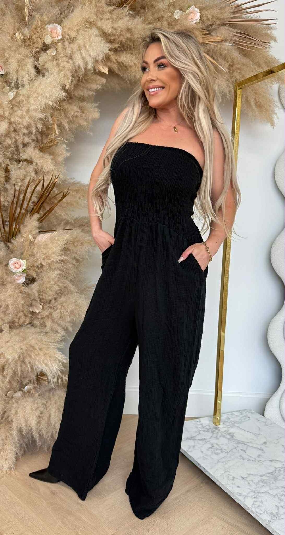 NALA STRAPLESS COTTON JUMPSUIT BLACK