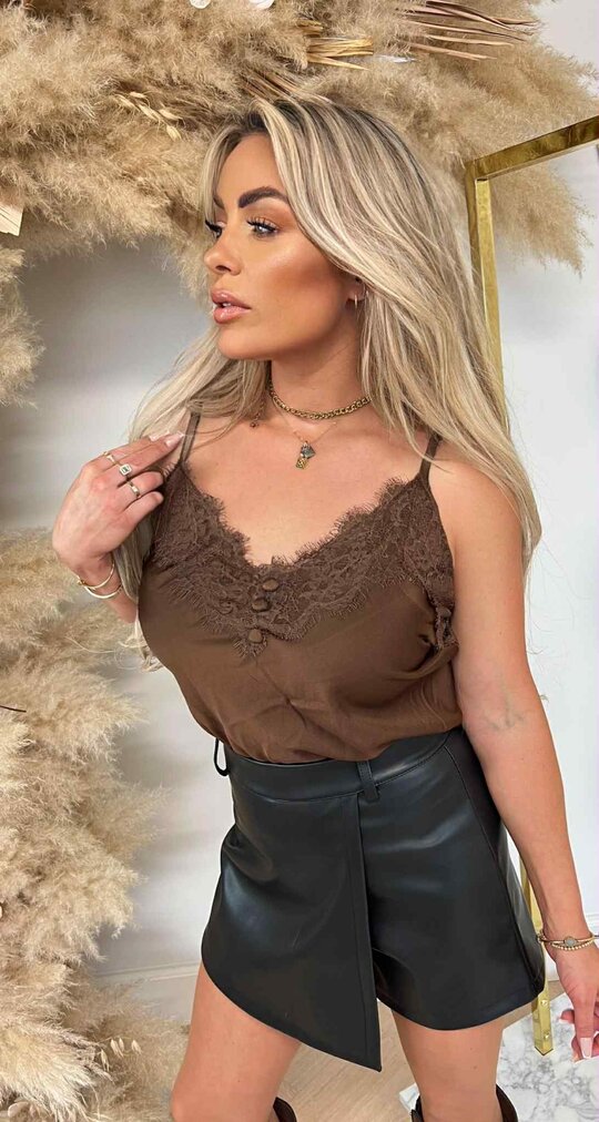 SATIN SPAGHETTI LACE TOP CHOCO