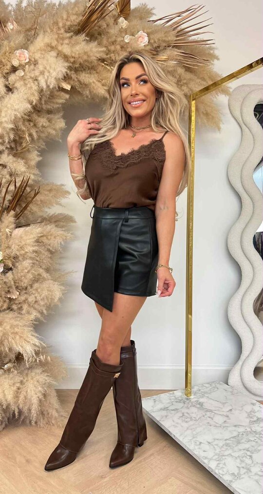 SATIN SPAGHETTI LACE TOP CHOCO