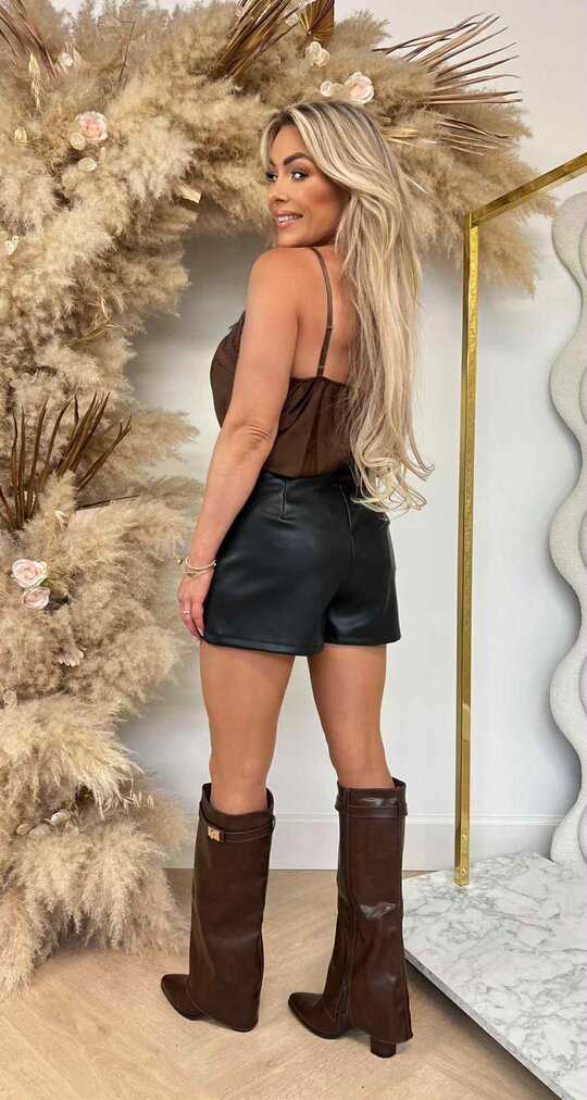 SATIN SPAGHETTI LACE TOP CHOCO