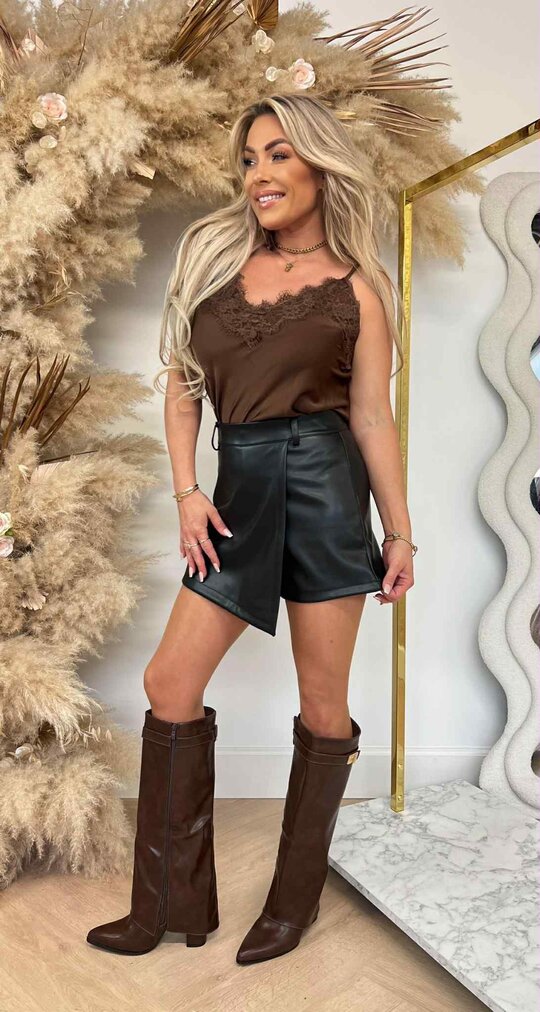 SATIN SPAGHETTI LACE TOP CHOCO