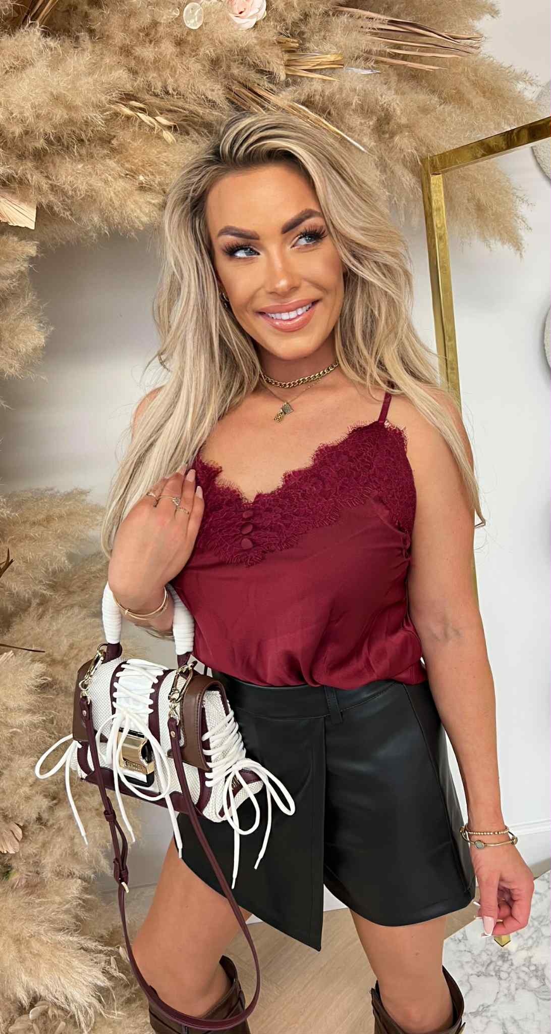 SATIN SPAGHETTI LACE TOP BURGUNDY