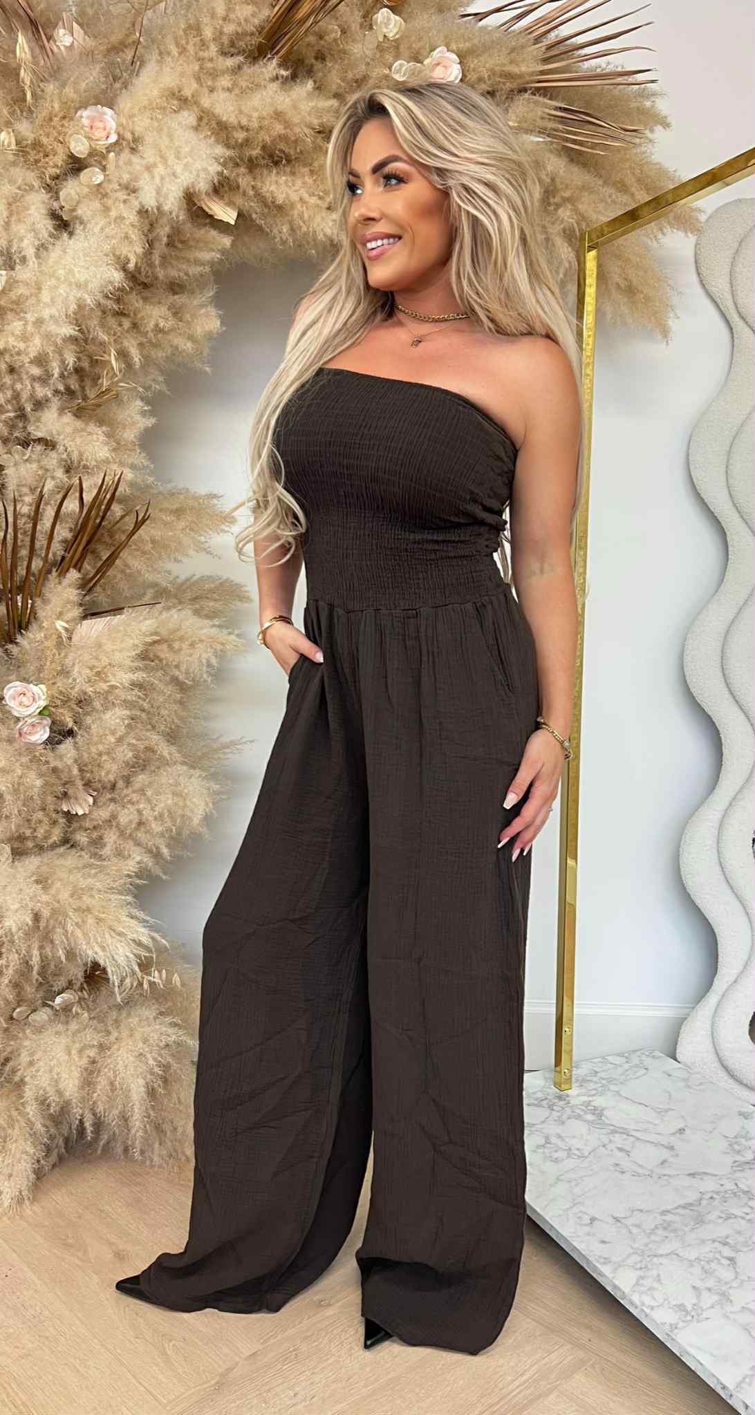 NALA STRAPLESS COTTON JUMPSUIT BROWN