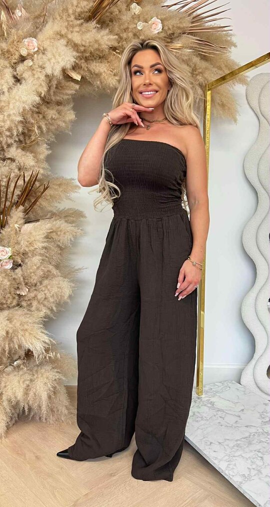NALA STRAPLESS COTTON JUMPSUIT BROWN NALA STRAPLESS COTTON JUMPSUIT BROWN