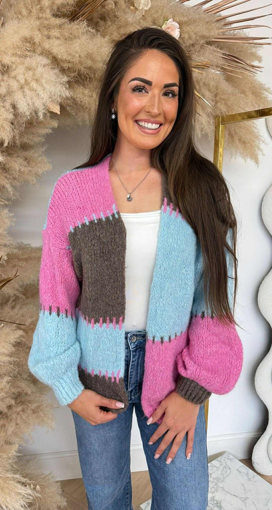 SNUGGLE ME SOFTLY CARDIGAN BLUE/PINK/TAUPE