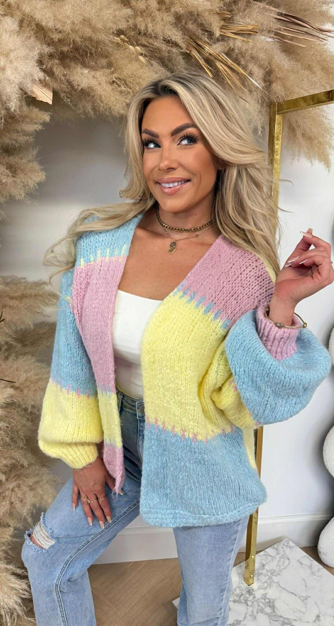SNUGGLE ME SOFTLY CARDIGAN YELLOW/LILA/BLUE