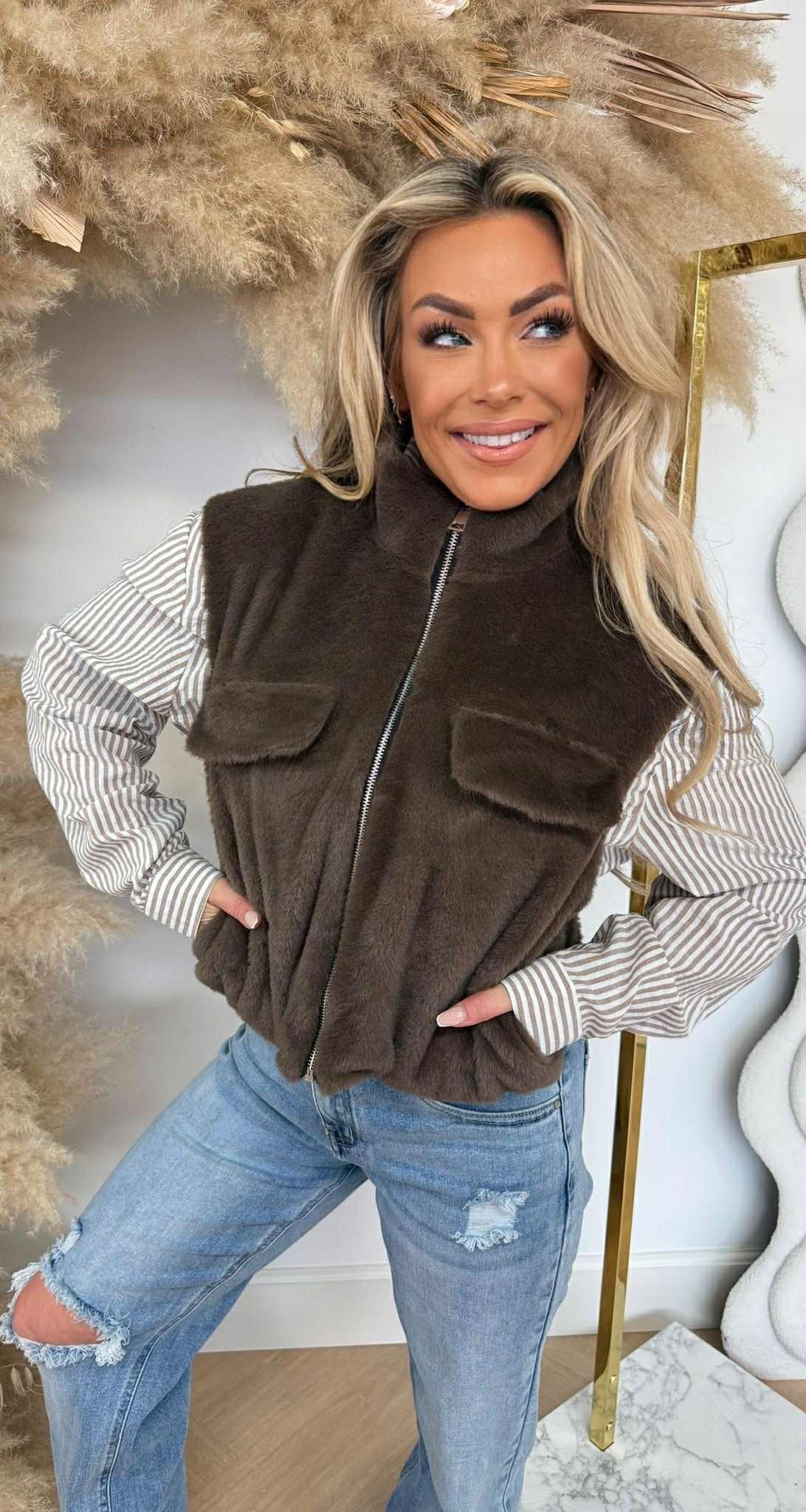 FAUX FUR ZIP BODYWARMER CHOCO