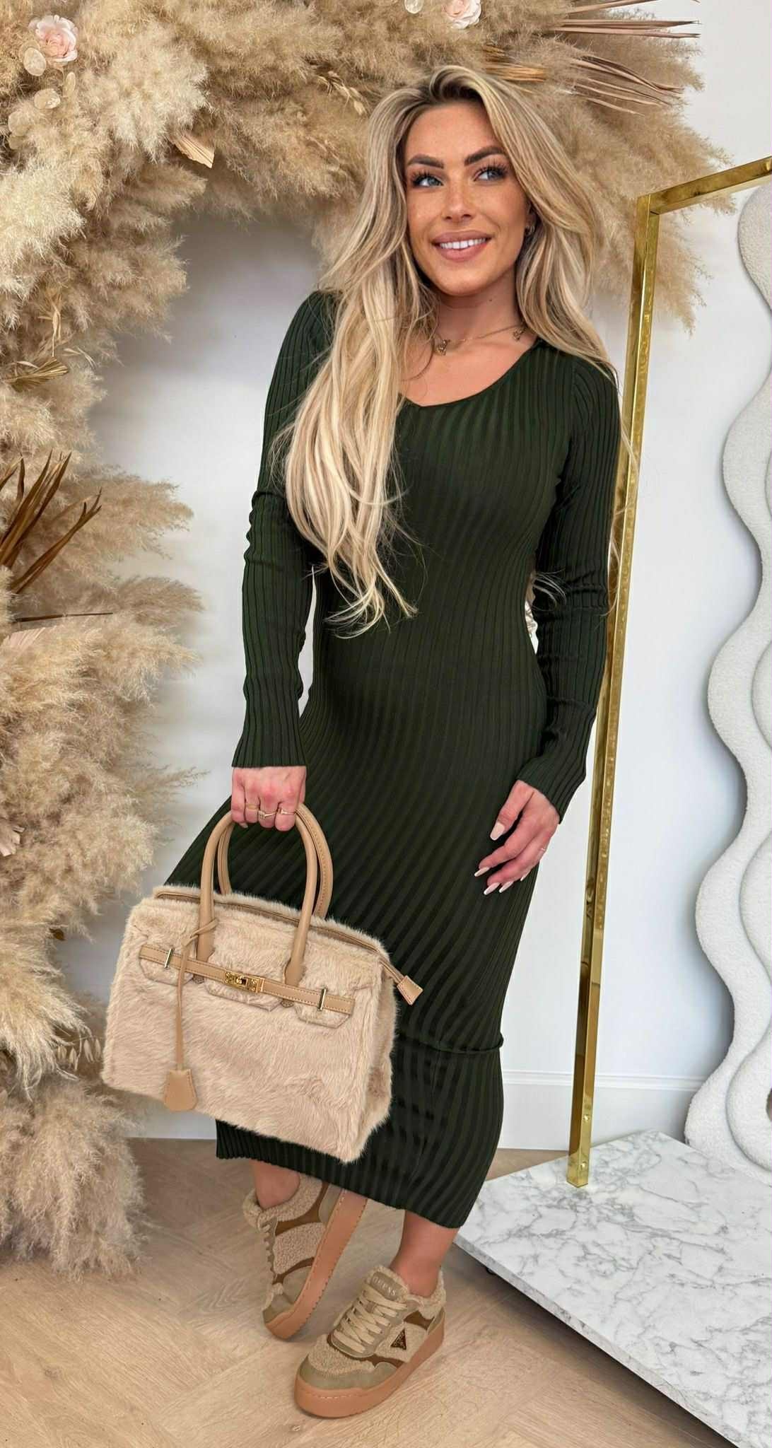 RIB V LONG DRESS 9850 ARMYGREEN