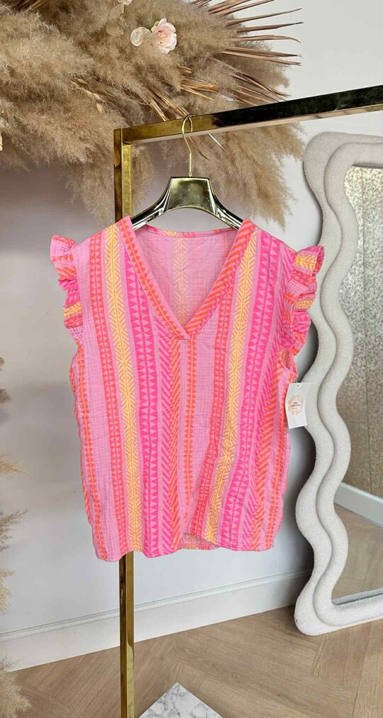 RUFFLY V SUMMER PRINT TOP PINK/LILA