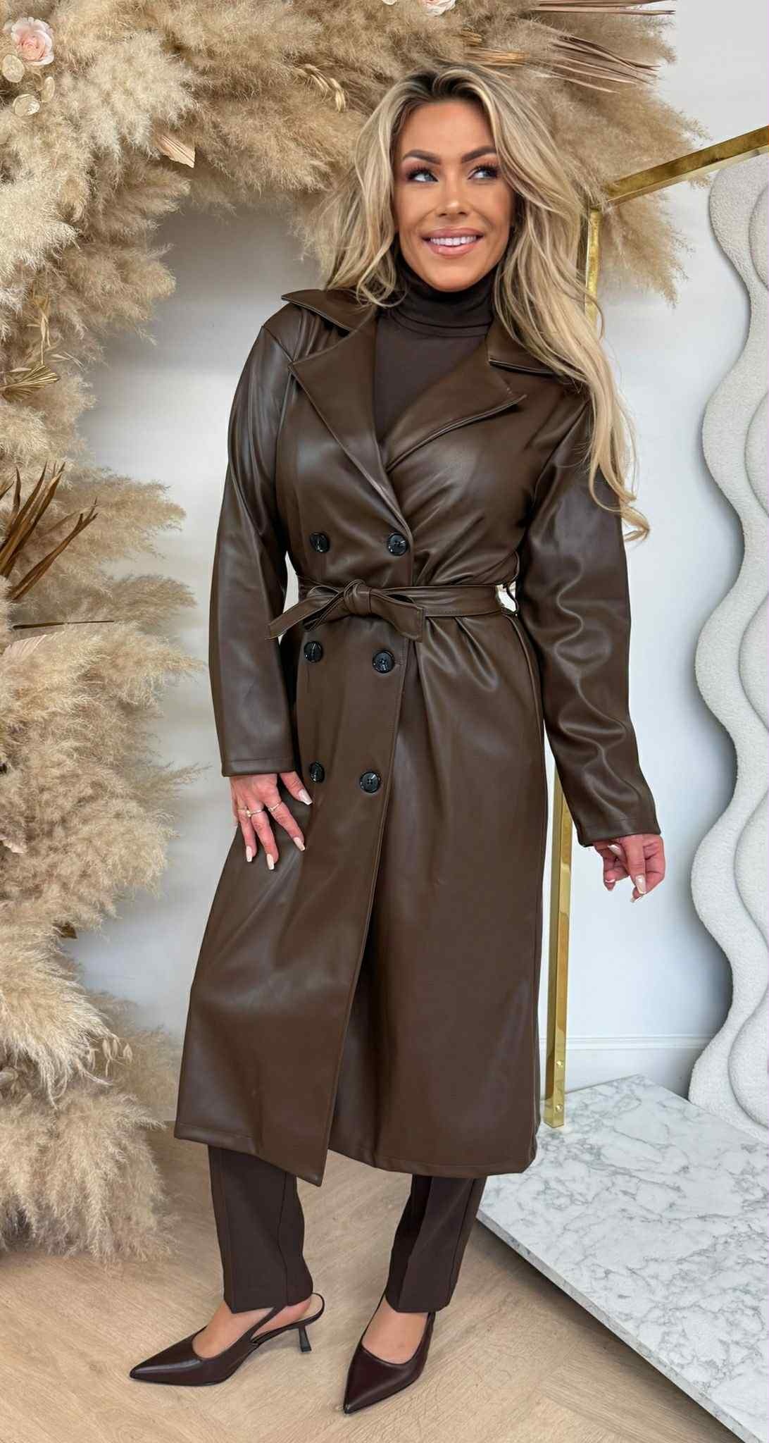 LEATHER LOOK TRENCHCOAT CHOCO