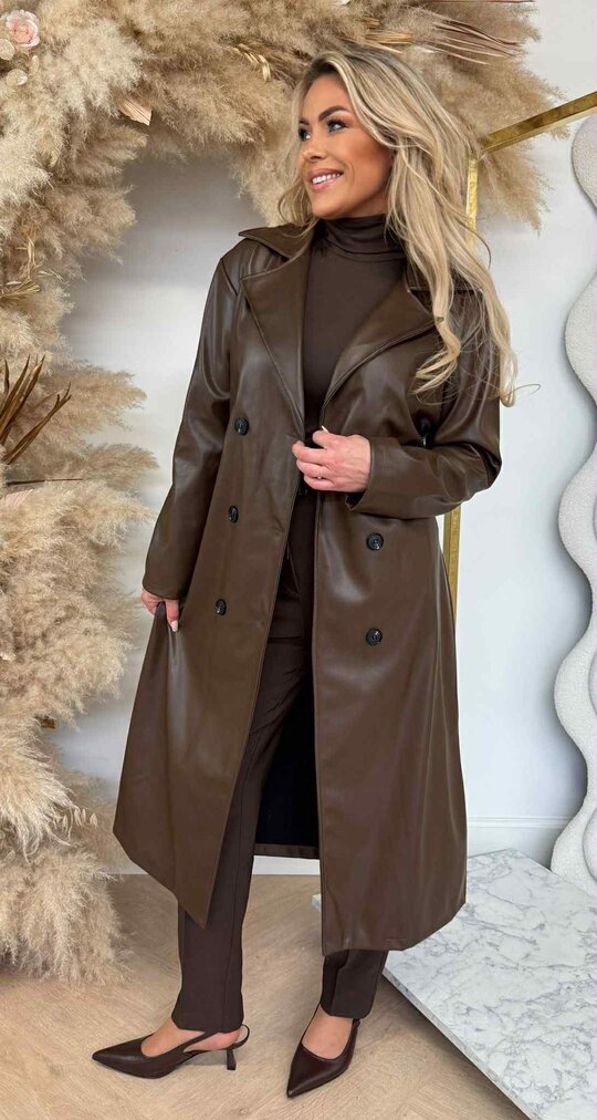 LEATHER LOOK TRENCHCOAT CHOCO