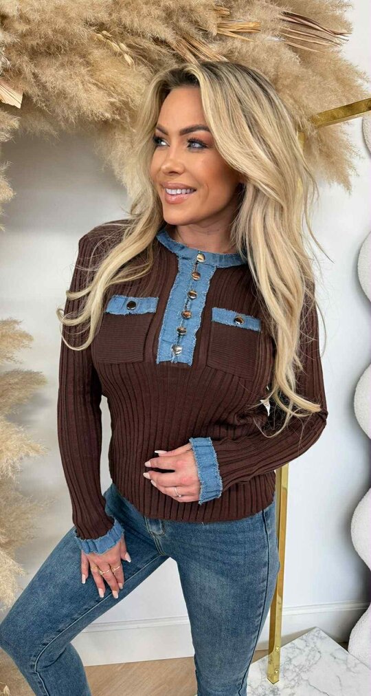 DENIM BUTTON RIB TOP 1034 CHOCO