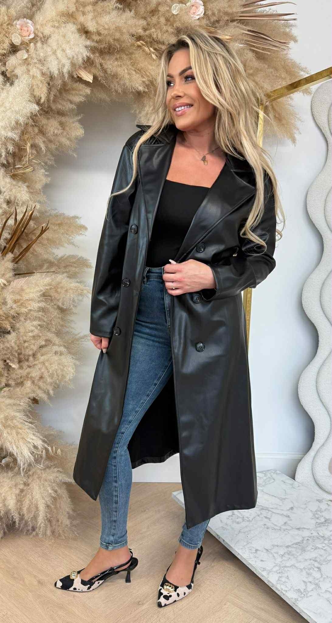 LEATHER LOOK TRENCHCOAT BLACK