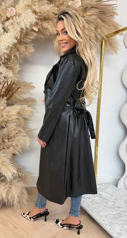LEATHER LOOK TRENCHCOAT BLACK