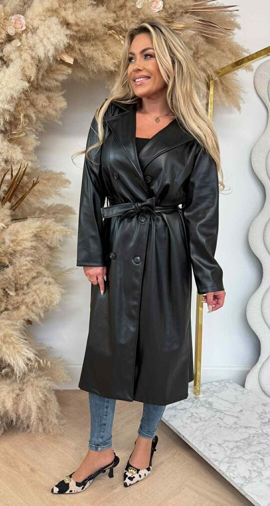 LEATHER LOOK TRENCHCOAT BLACK